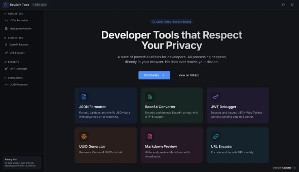 DevSafeTools: Privacy-First Developer Suite 화면