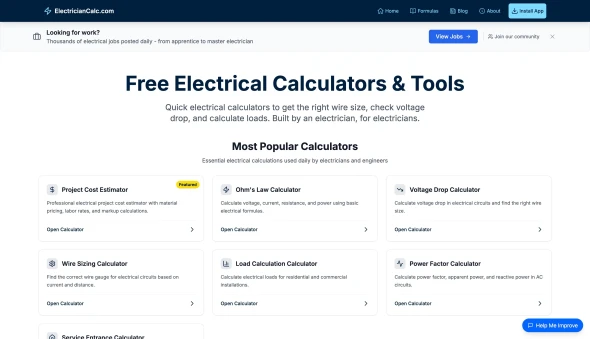 ElectricianCalc.com 화면