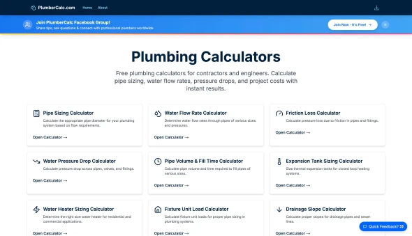 PlumberCalc.com 화면