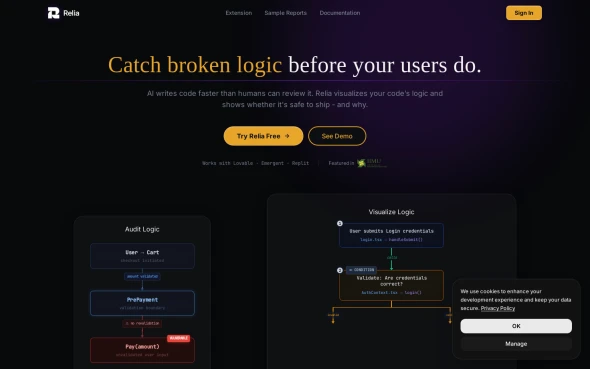 Relia :- The Trust and Safety Layer for AI-generated software. 화면