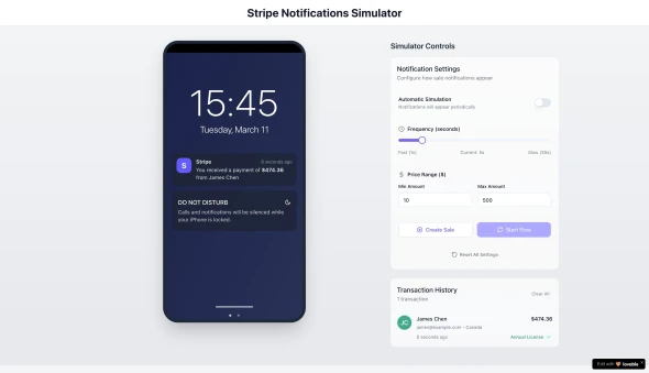 Stripe notifications simulator 화면